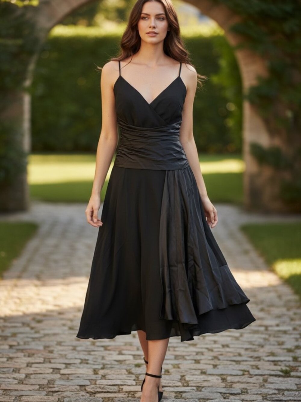 Papell Boutique Evening Black Silk Slip Dress 6 Ruched Asymmetric Gown Prom